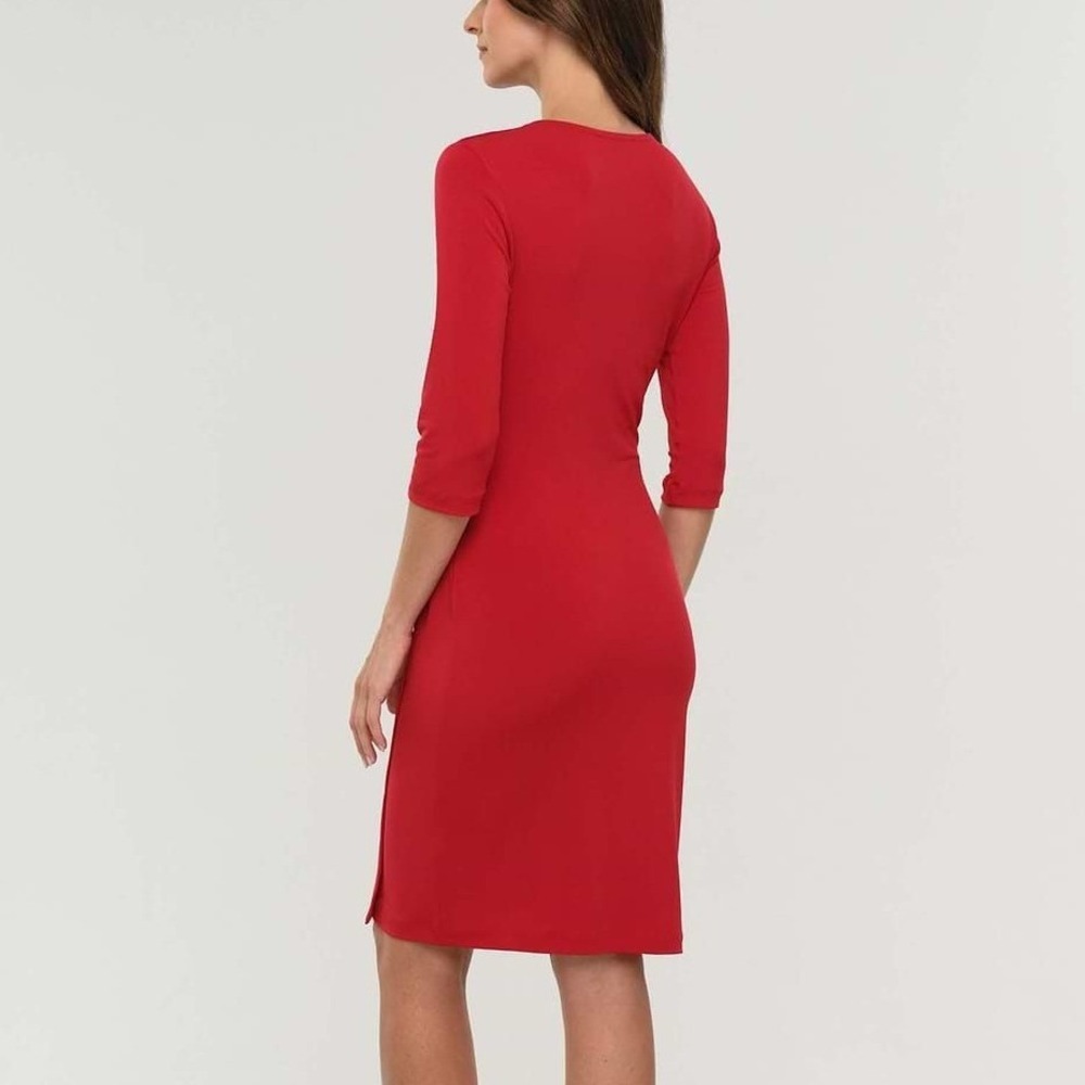 Anatomie Marine Travel Dress Medium Atomic Red Ruched Faux Wrap V-Neck Stretch - Picture 2 of 9